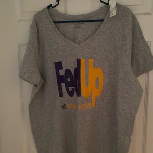 Time and Tru Gray Tee with Purple and Yellow Print image